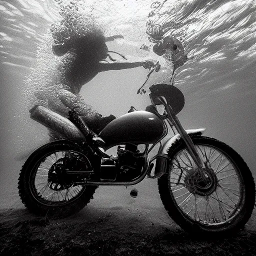 Image similar to Underwater photo of a motorcycle by Trent Parke, clean, detailed, Magnum photos