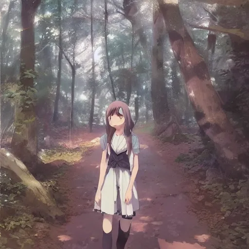 Image similar to anime character in the woods, hyperrealistic, trending on pixiv fanbox, painted by greg rutkowski makoto shinkai takashi takeuchi studio ghibli, akihiko yoshida