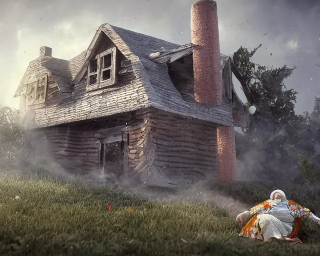 Image similar to of a very beautiful scene. ambient occlusion render. a sweet fat old woman is giving birth to her broken house. hyper realistic. 4 k. wide angle. wild. symmetrical face, red mouth, blue eyes. deep focus, lovely scene. ambient occlusion render. concept art. unreal engine.