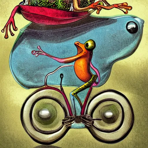 Image similar to book illustration of a frog riding a bike, surrealism