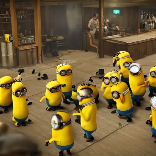 Image similar to a bar fight full of minions attacking each other with banana, crisp details, 8k unreal engine 5 render