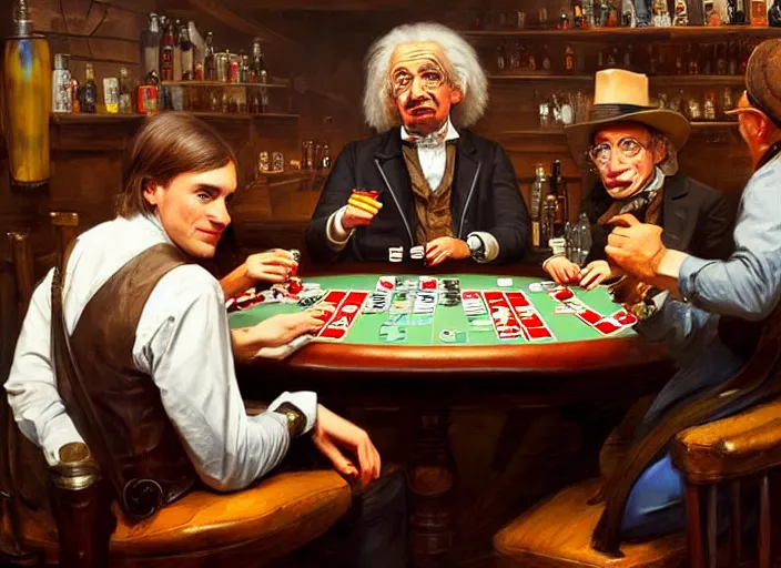 Prompt: playing poker in a saloon, Isaac Newton and Stephen Hawking and Albert Einstein, by Mandy Jurgens, trending on artstation, Richard Schmid and norman rockwell