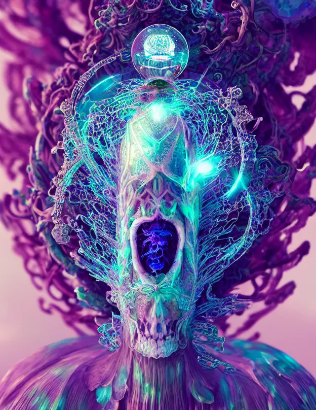 Image similar to goddess macro close - up portrait in crown made of ram skull. betta fish, jellyfish phoenix, bioluminiscent, plasma, ice, water, wind, creature, super intricate ornaments artwork by tooth wu and wlop and beeple and greg rutkowski