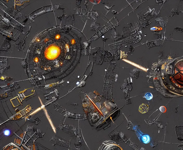 Prompt: a space junkyard forming a tilted disk in black starless space, a graveyard of space stations and giant space structures, dark sci - fi game map with solid black background