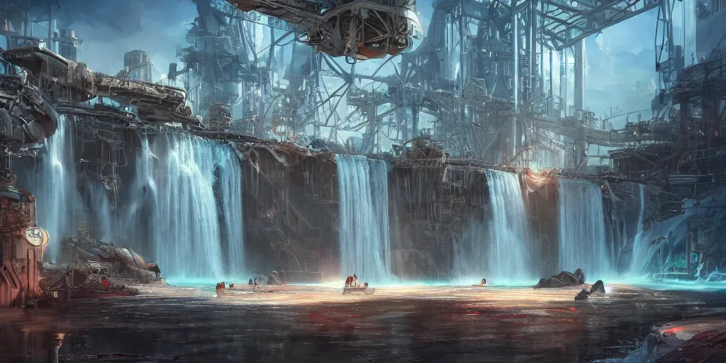 Image similar to beautiful pool waterfalls surrounded by alien robots, steel archways, industrial buildings, rusty metal towers, sun setting, ross tran, fantasy, james jean, peter morbacher, angelarium, alchemy, luxury, heavenly light, soft illumination, trending on artstation, cinematic lighting, digital painting, octane render, artgerm