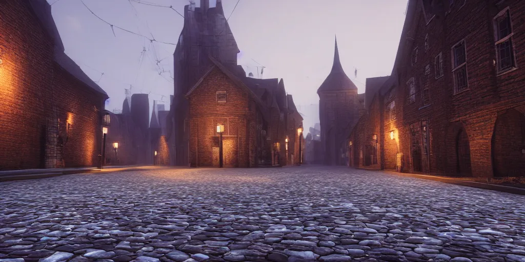 Prompt: A road made of cobblestone lined with street lights lit by floating candles, skyscrapers made with medieval architecture, Dungeons and Dragons, Wizards of the coast, long shot, volumetric lighting, raytracing, unreal engine 5