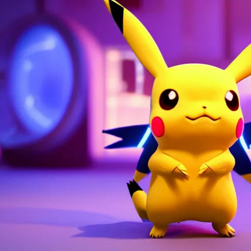 Image similar to nymph render of a very cute 3d pikachu pokemon, adorable eyes, cute smile, full round face, neon lights in background, serene bedroom setting, medium shot, mid-shot, highly detailed, trending on Artstation, Unreal Engine 4k