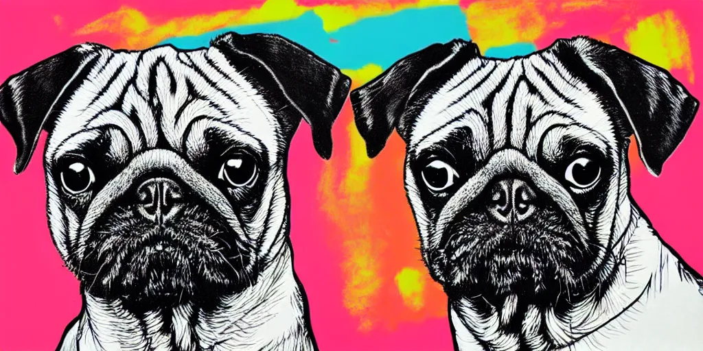 Prompt: a pug drawn in Andy Warhol style