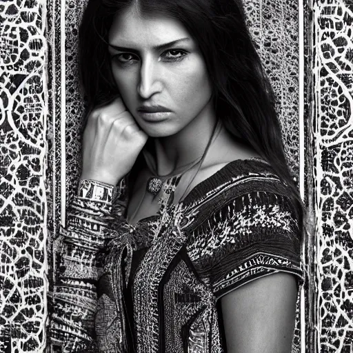 Image similar to portrait of a stunningly beautiful persian tribal female, depth of field, zeiss lens, detailed, symmetrical, centered, fashion photoshoot, by Annie Leibovitz and Steve McCurry, David Lazar, Jimmy Nelsson, Breathtaking, 8k resolution, extremely detailed, beautiful, establishing shot, artistic, hyperrealistic, beautiful face, octane render