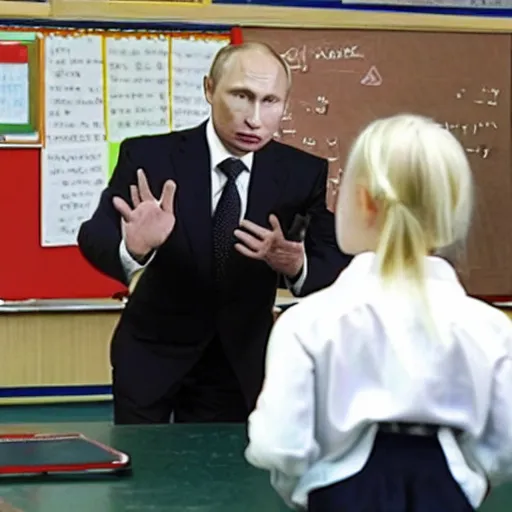 Prompt: a still of vladimir putin being scolded by a teacher at school