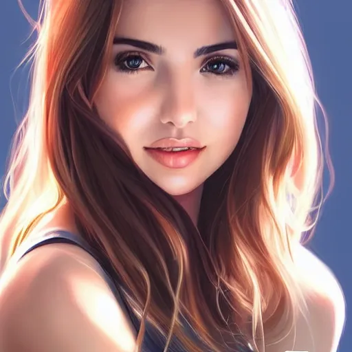 Image similar to very beautiful female ana de armas, smiling, flirty, eye contact, perfect face, perfect body, drawn by artgerm