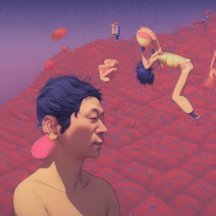 Image similar to close up portrait of a man and woman having fun with lsd and magic mushrooms by kawase hasui, moebius, Edward Hopper and James Gilleard, Zdzislaw Beksinski, Steven Outram, 8k, volumetric lighting, artstation