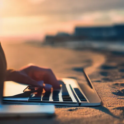 Image similar to photo of man working on laptop at beach, perfect face, fine details, 4 k, bokeh