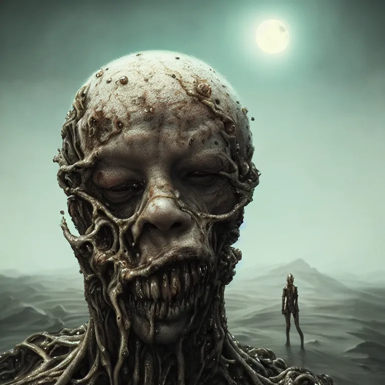 Image similar to portrait of beautiful ribbed melting man in wastelands on white exoplanet, baroque portrait painting, beautiful intricate insanely detailed octane render, artstation, 8 k artistic harsh flash photography, photorealistic, volumetric perfect light, chiaroscuro, raphael, caravaggio, beksinski, rutkowski, giger