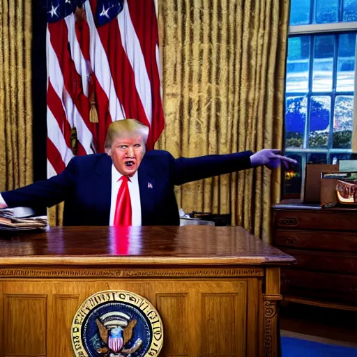 Image similar to donald trump screams so loudly that his head explodes, realistic, hdr, clear image, thunderstorm in donald trump's office, 8 k, super real event,