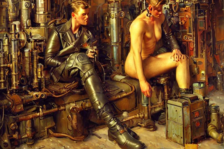 Image similar to male repairing machine, dieselpunk, painting by gaston bussiere, craig mullins, j. c. leyendecker, tom of finland