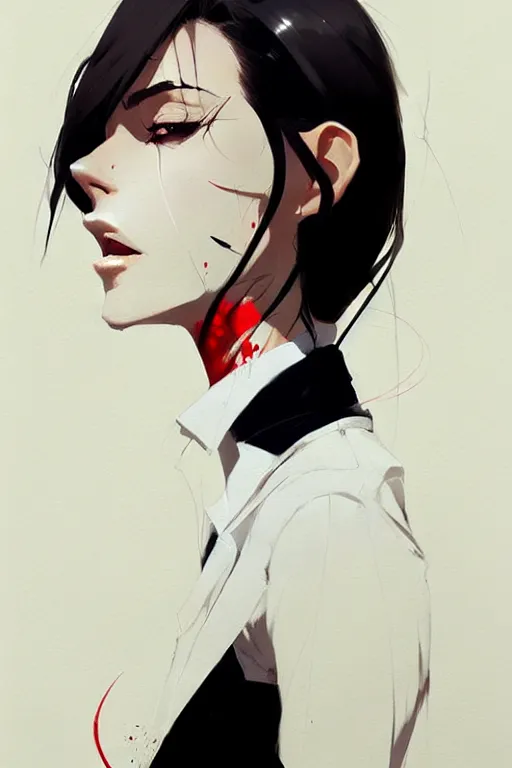 Image similar to a ultradetailed beautiful panting of a stylish woman, she is wearing a white shirt with a tie and black pants, by conrad roset, greg rutkowski and makoto shinkai trending on artstation