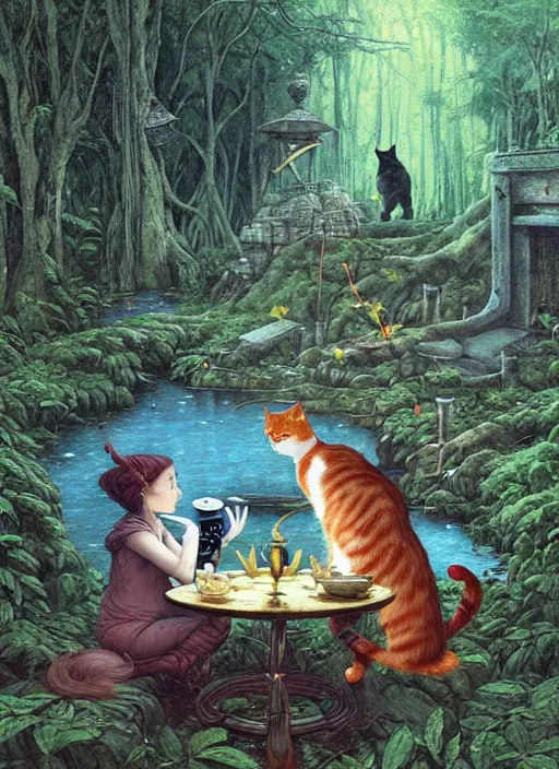 Image similar to cat having tea with a sorceress at a shrine in the woods by a stream, river gorgeous lighting, lush forest foliage blue sky a hyper realistic painting by chiara bautista and beksinski and norman rockwell and greg rutkowski weta studio, and lucasfilm