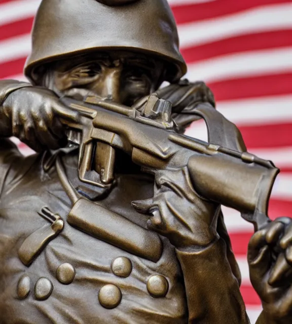 Image similar to a 4 k photorealistic photo medium shot of a bronze statue of an american soldier holding a rifle