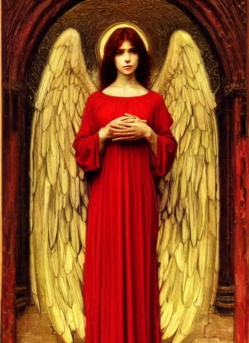Prompt: portrait of beautiful female archangel in red robes, pre - raphaelite painting by john william waterhouse, trending on art station. highly detailed, symmetrical face.