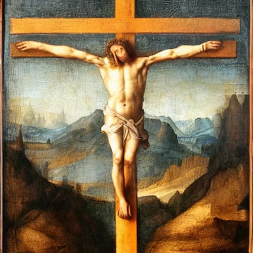 Image similar to Mark zuckerberg on the cross, painting by Leonardo da Vinci