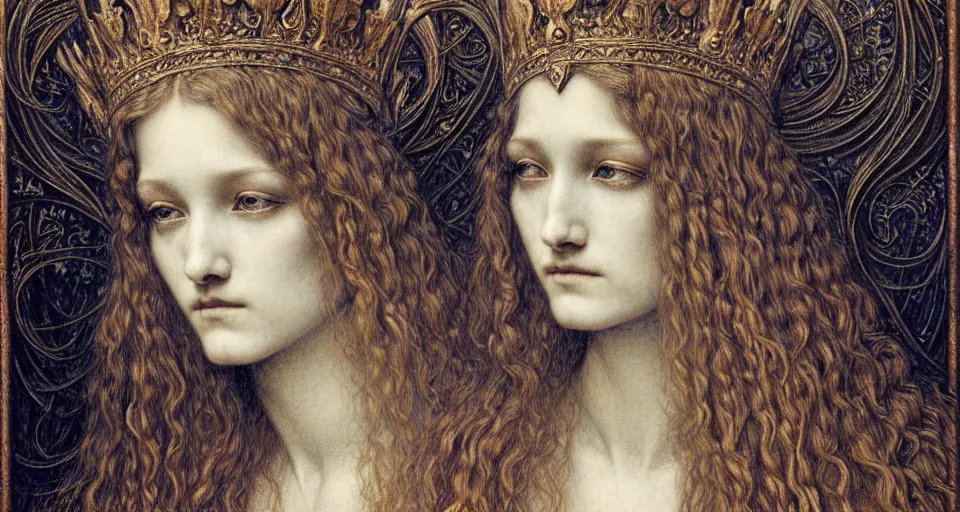 Image similar to detailed realistic beautiful young medieval queen face portrait by jean delville, gustave dore and marco mazzoni, art nouveau, symbolist, visionary, gothic, pre - raphaelite. horizontal symmetry