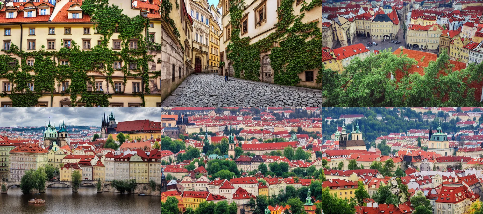 Prompt: a professional color photo of a prague without humans, prague with animals returning to the city, abandonned prague buildings mildly covered with ivy, humans suddenly dissapeared, detailed photo, fine detail, iphone 4 k