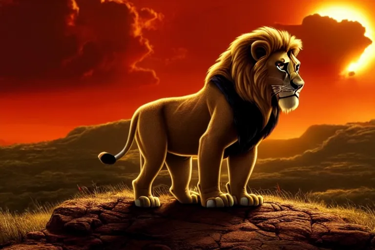 Prompt: simba ( from the lion king ), heavily armed and armored facing down armageddon in a dark and gritty version from the makers of fallout : war never changes