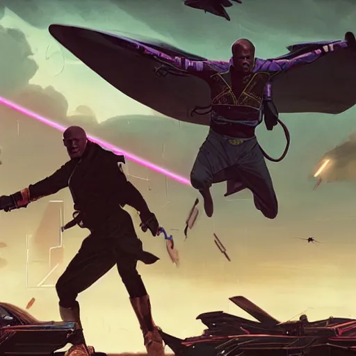Image similar to mace windu fighting a group of pterodactyls flying over him in a destroyed cyberpunk city shooting lasers by greg rutkowski