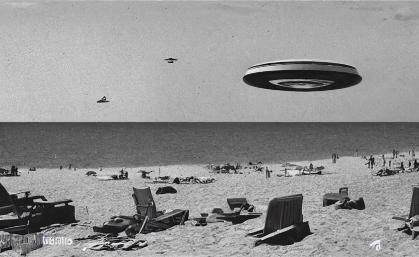 Prompt: ufo above a beach, old photo, newspaper photo, front page news