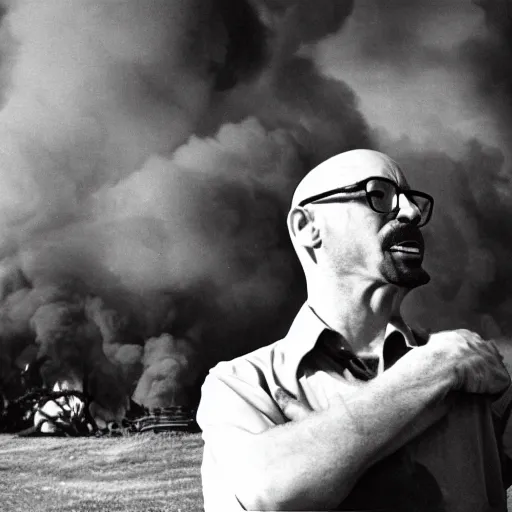 Prompt: completely solid white black and white bald man with stubble and glasses and his mouth wide open in excitement, sitting down in front of a temple, engulfed in flames, 3 5 mm photograph, 1 9 6 3 black and white photograph