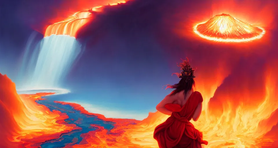 Image similar to the hawaiian fire goddess pele erupting yellowstone volcano while she smiles from above, by peter mohrbacher, digital painting, ultra high detail, apocalyptic, glow, lens flare, atmosphere, hyperrealistic, 8 k, cinematic, trending on artstation