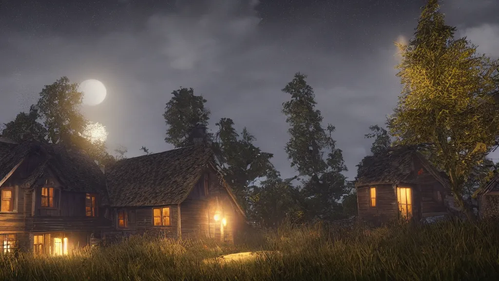 Image similar to A dark shadowy cottage at night, hyperrealistic, Cryengine 8k UHD