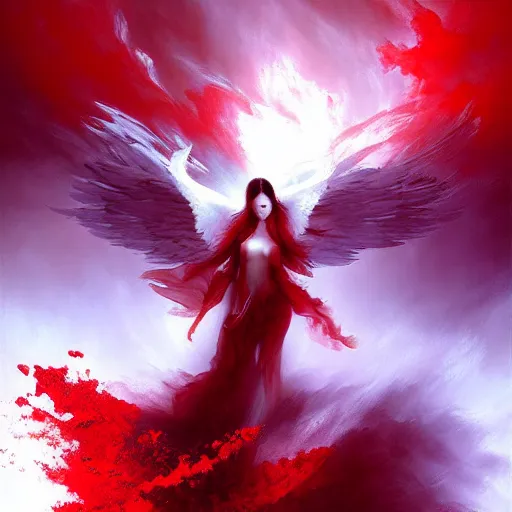 Image similar to a fallen angel in red fluid simulation, painting by ross tran and ivan aivazovsky