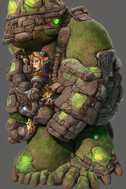 Image similar to zelda fantasy art giant golem troll wood rock greeble gemstone, global illumination ray tracing hdr fanart arstation by sung choi and eric pfeiffer and gabriel garza and casper konefal