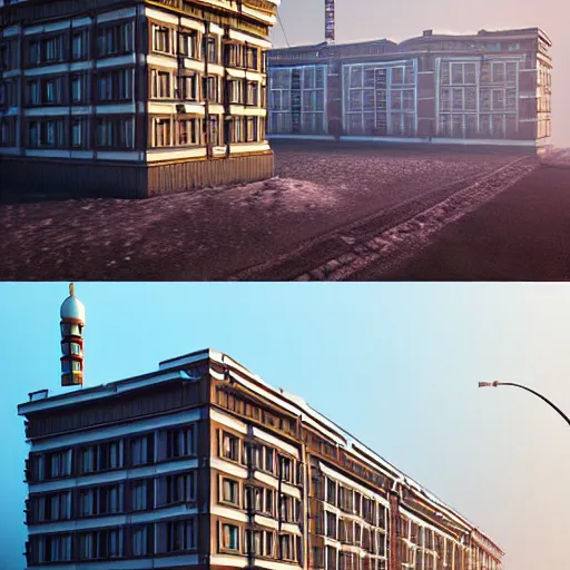 Image similar to soviet style buildings in a city on the Moon, Neo Norilsk, Neo Kyiv, sci-fi, enchanting, photorealistic, intricate, very very beautiful, elegant, smooth, photorealistic, cinematic, Octane renderer, by Evgeny Zubkov, by Marat Zakirov, trending on Behance