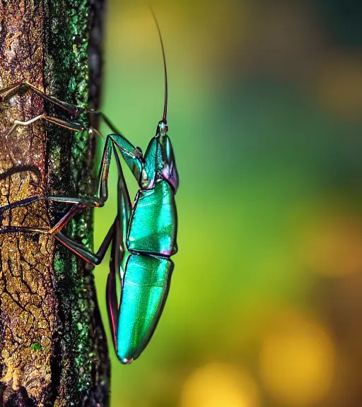 Image similar to super macro photo of a golden iridescent praying mantis on a flower in a forest. dof. bokeh. magical atmosphere. art by greg rutkowski. lifelike. very detailed 8 k. intricate. soft light. nikon d 8 5 0.