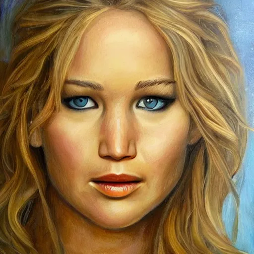 Prompt: beautiful oil in canvas of jennifer lawrence, very detailed face, symetry!!