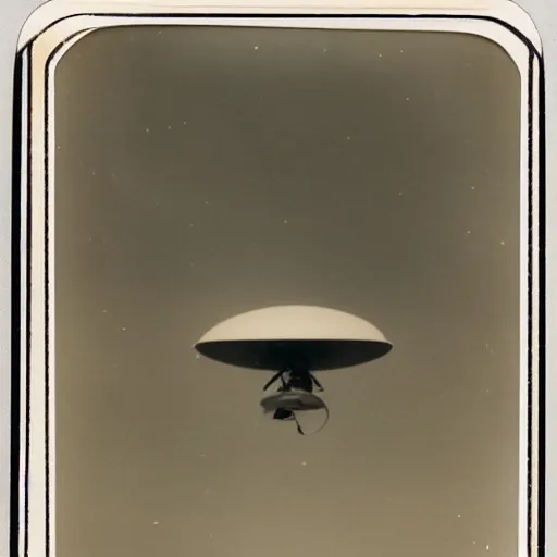 Prompt: old polaroid depicting a ufo, at a clearing, at dawn