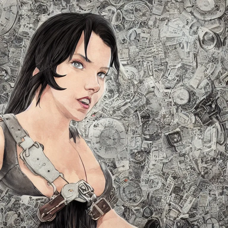 Prompt: bemused to be locked in a leather neck restraint, Tifa Lockhart in a full frame zoom up of her face and neck, looking upwards in a room of old ticking clocks, complex artistic color ink pen sketch illustration, full detail, gentle shadowing, fully immersive reflections and particle effects, concept art by Artgerm, art by Range Murata, art by Studio Ghibli