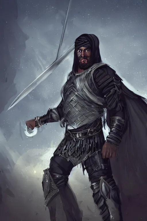 Image similar to !dream Bedouin arab superhero, black vest, intimidating full body armor, Arabian sword, beard, nighttime, cinematic lighting first person view concept art, artsation