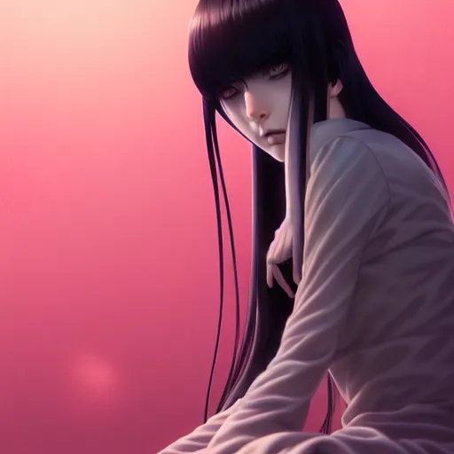 Prompt: very tall girl by junji ito, green eyes and very extremely long black hair by ilya kuvshinov, tom bagshaw, rtx reflections, octane render 1 2 8 k, extreme high intricate details by wlop, digital anime art by ross tran, wide shot, composition by tom bagshaw, lighting by wlop
