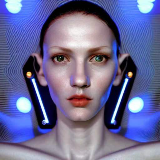 Prompt: hyperrealism aesthetic photography in caravaggio style quntum computer simulation visualisation of parallel universe cyberpunk scene with beautiful detailed ukrainian woman with detailed face and perfect eyes wearing ukrainian traditional shirt and wearing retrofuturistic sci - fi neural interface designed by josan gonzalez. hyperrealism photo on pentax 6 7, by giorgio de chirico volumetric natural light rendered in blender