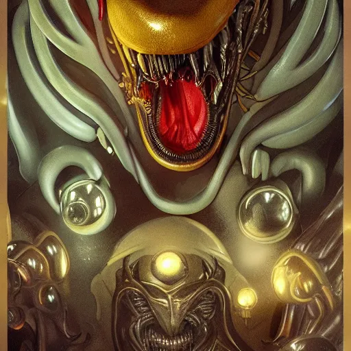 Prompt: mickey mouse xenomorph chimera lurking in dark room, round ears, two yellow buttons red pants, designed by h. r. giger, highly intricate detailed 8 k ultrarealistic octane render by artgerm and rutkowski and mucha