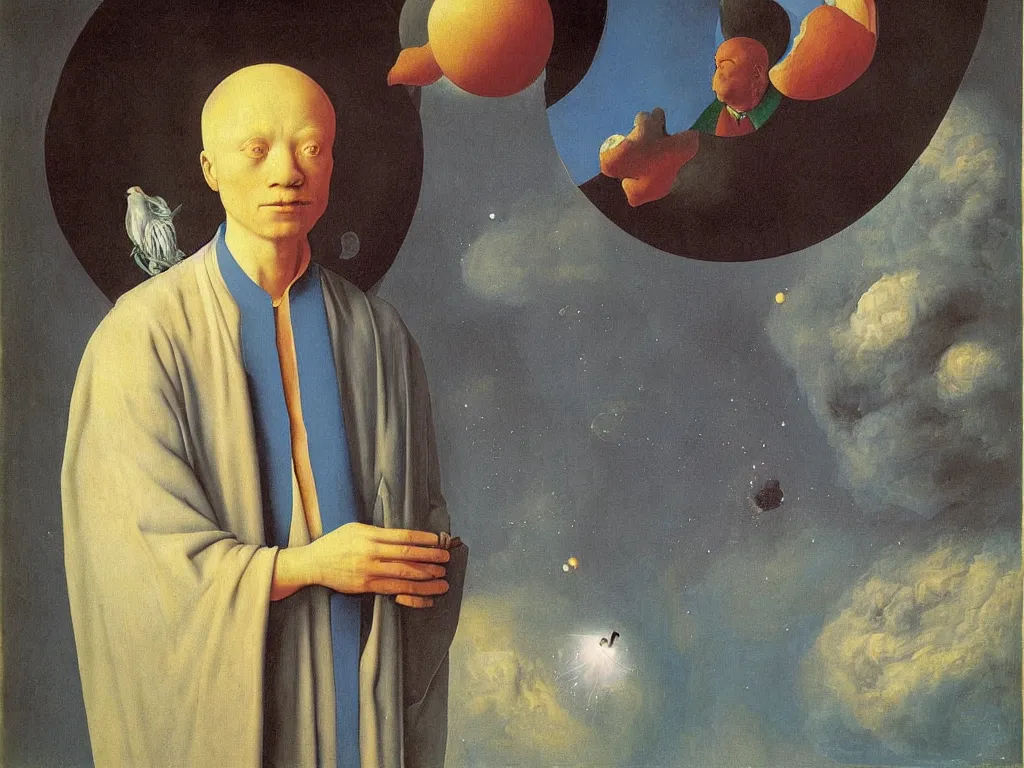 Image similar to Portrait of albino mystic with blue eyes, with exotic meteor. Painting by Jan van Eyck, Audubon, Rene Magritte, Agnes Pelton, Max Ernst, Walton Ford