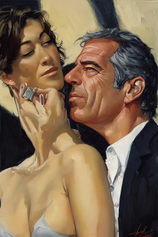 Prompt: jeffrey epstein and ghislaine maxwell, painting by jc leyendecker!! phil hale!, angular, brush strokes, painterly, vintage, crisp