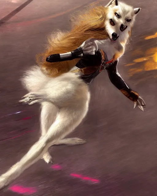 Image similar to an athletic white female anthro wolf skating at a roller derby, 4 k, furaffinity, fursona, trending on artstation, energetic, speed, motion blur, by gaston bussiere, craig mullins, sakimichan, gustav klimt, artgerm, greg rutkowski, alphonse mucha