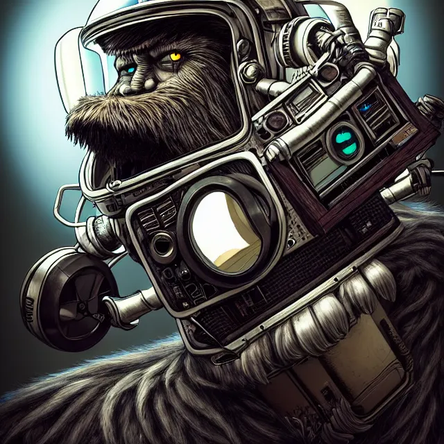 Prompt: a portrait of an anthropomorphic cyberpunk yeti in a motorcycle helmet, detailed render, tape deck, boombox, headphones, epic composition, cybernetics, 4 k realistic, cryengine, realistic shaded lighting, sharp focus, masterpiece, by matteo scalera, gary montalbano, peter elson in the style of the tokyo ghost comic