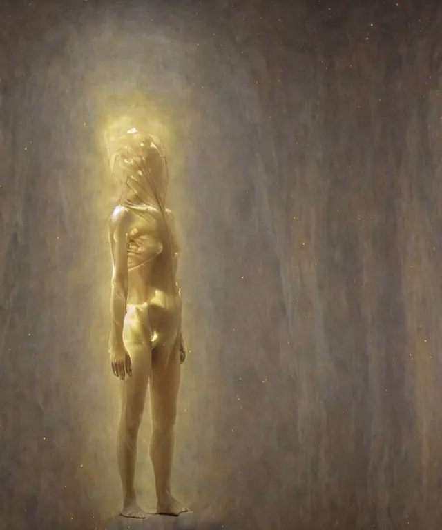 Prompt: Beautiful full-body wax sculpture of a glowing transparent woman with visible golden bones inside room without doors and windows in the singularity where stars becoming baroque folds of dark matter by Michelangelo da Caravaggio, Nicola Samori, William Blake, Alex Grey and Beksinski, dramatic volumetric lighting, highly detailed oil painting, 8k, masterpiece