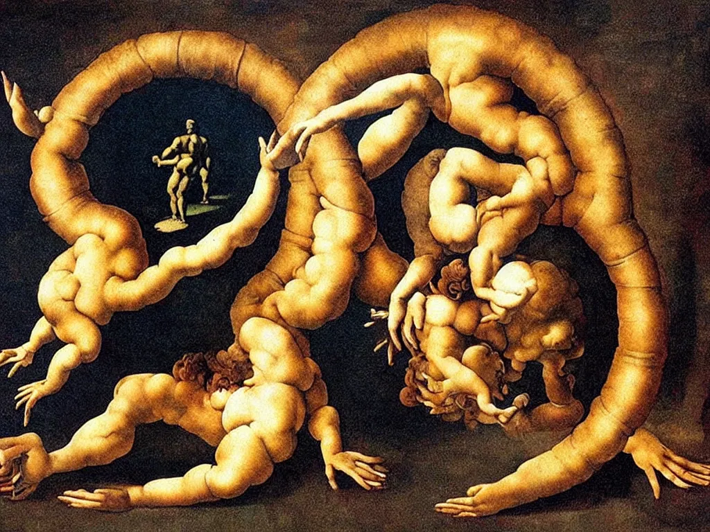 Image similar to optical illusion painting of a couple dancing in a worm hole, illusionism, mind blow, by michelangelo and salvador dali, detailed